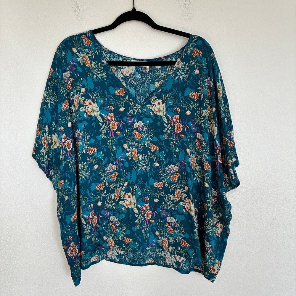Natural Life Boxy Floral Blouse Women XL Teal V-Neck Short Sleeve Boho Lagenlook